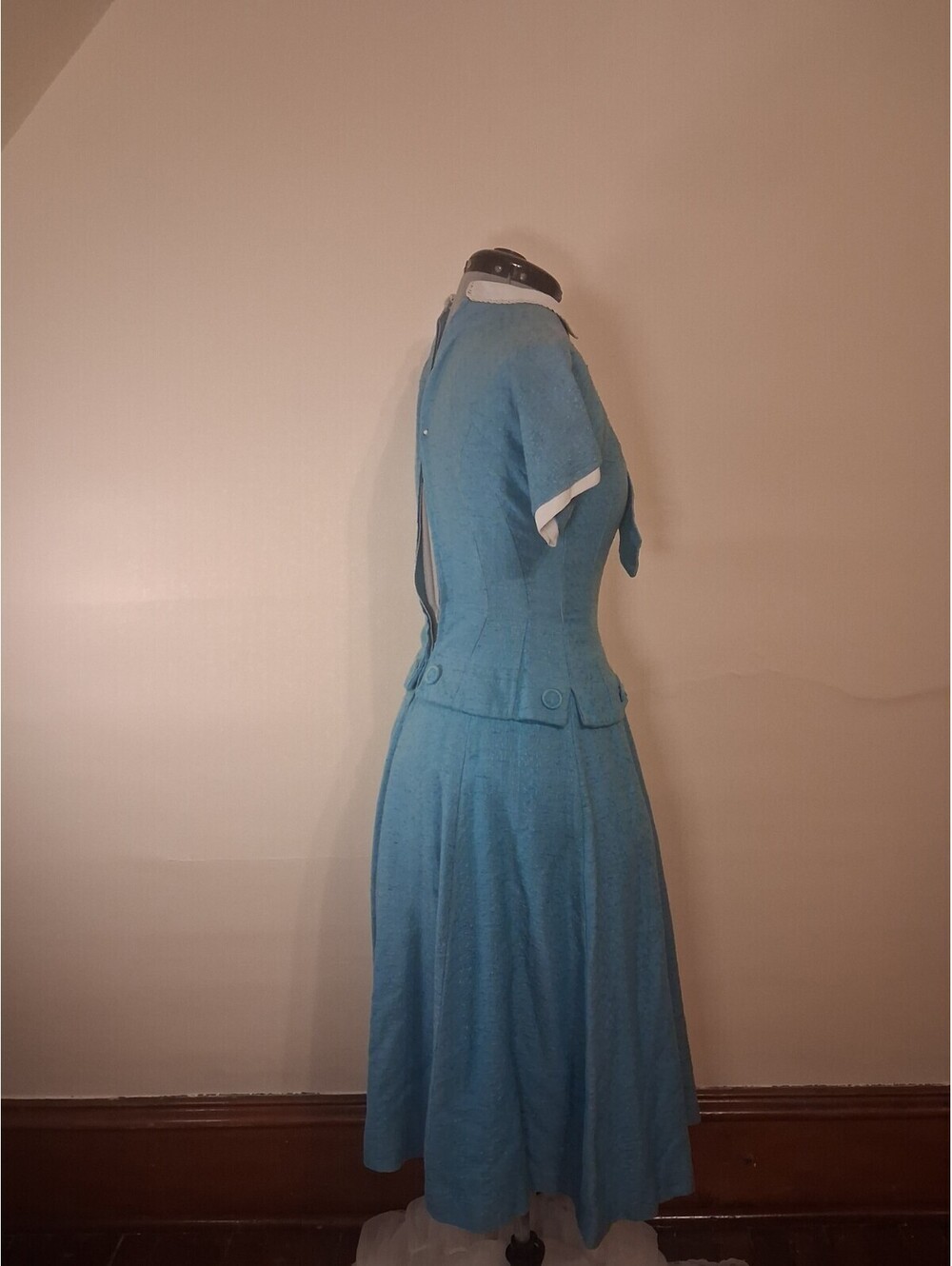 1940s Vintage Dress, Woven Blue Handmade Dress With Tie Academic Secretary Sz S - Picture 3 of 9